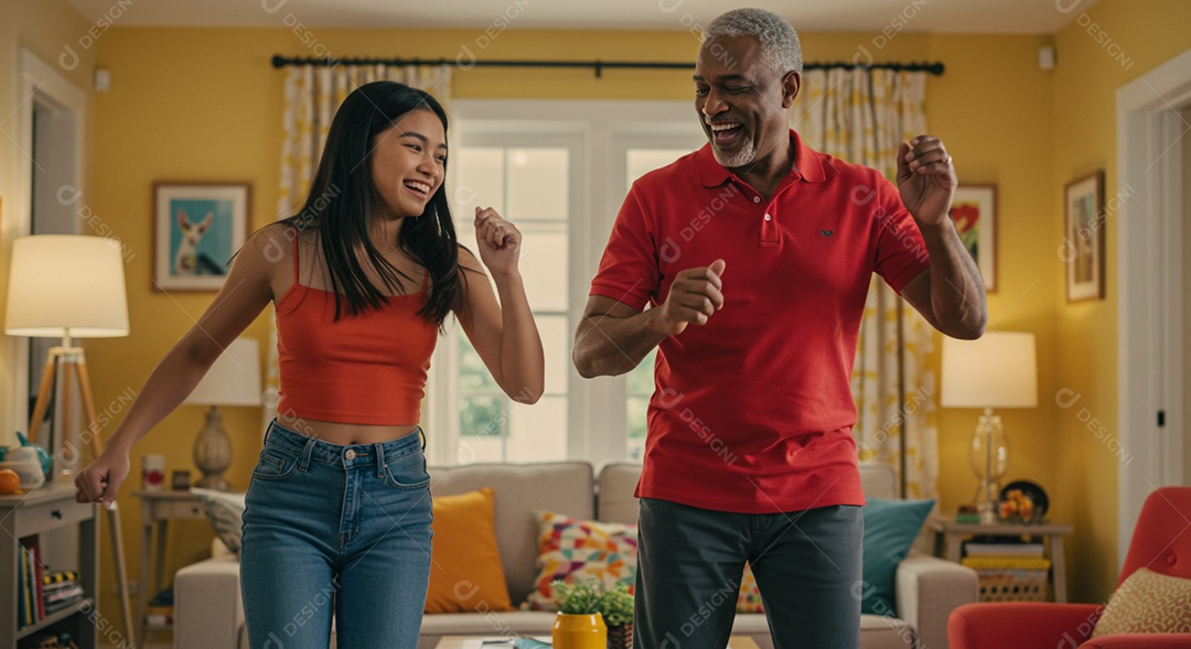 Lindo pai e filha sorridentes dançando sob sala de estar