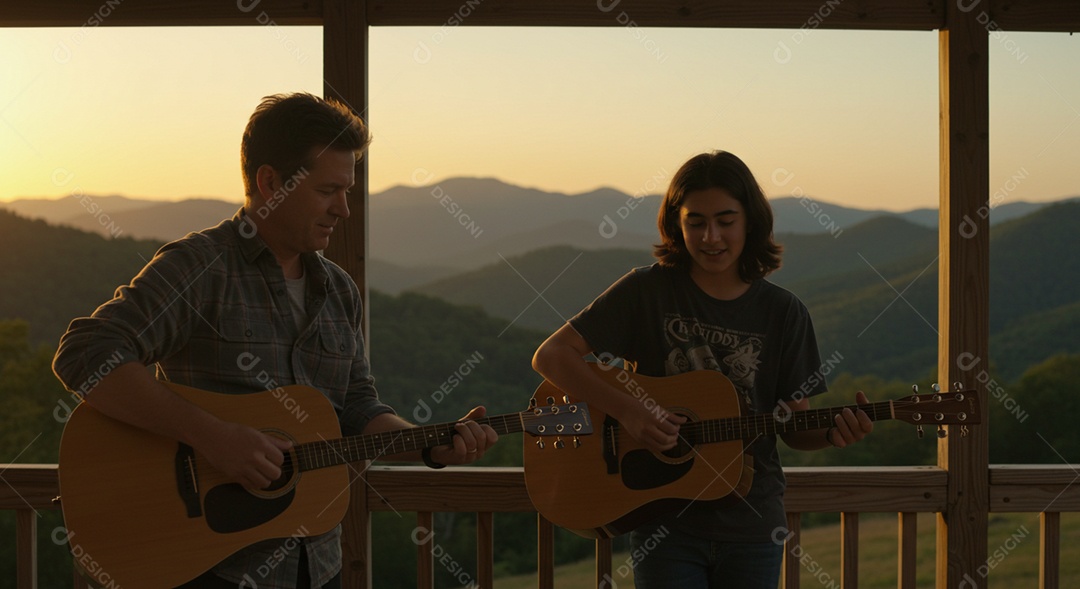 Pai e filha tocando violão sobre fundo de lindas montanhas