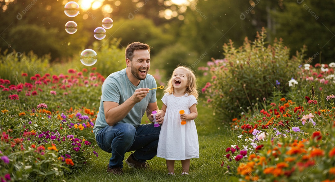 Lindo pai e filha brincando ao ar livre sob um jardim