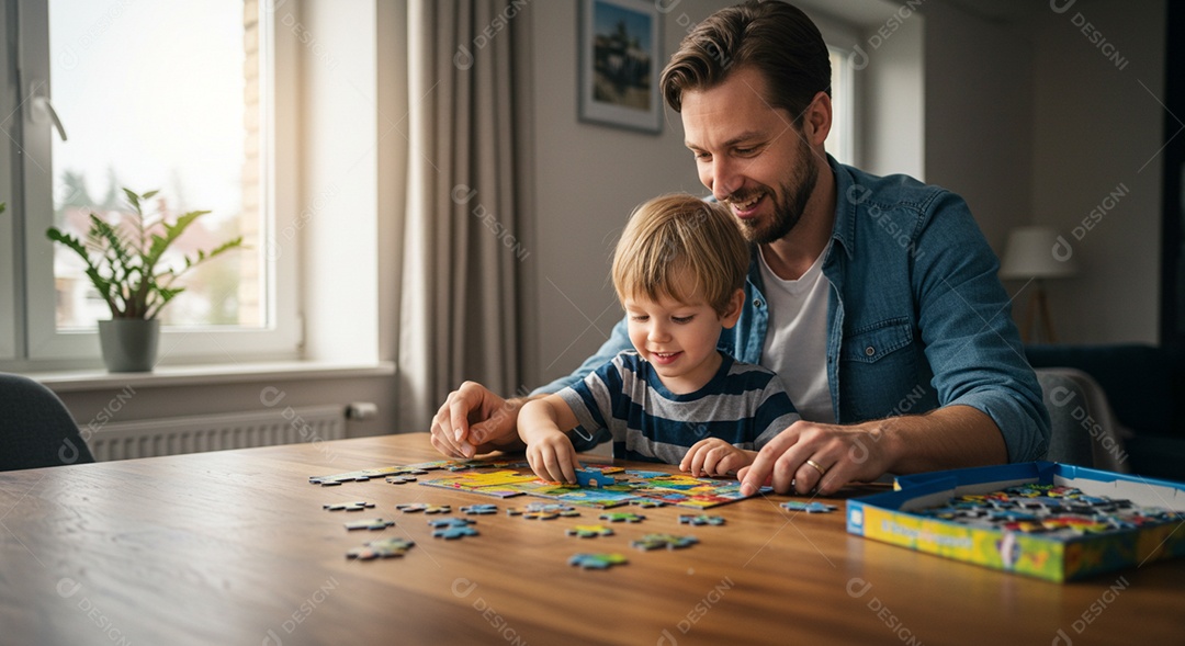 Lindo pai e filho brincando de quebra-cabeça sob uma sala de estar