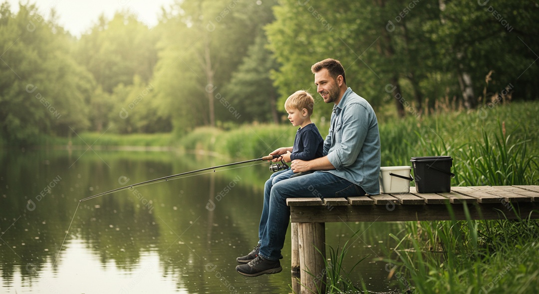 Pai e filho pescando sobre uma plataforma de madeira