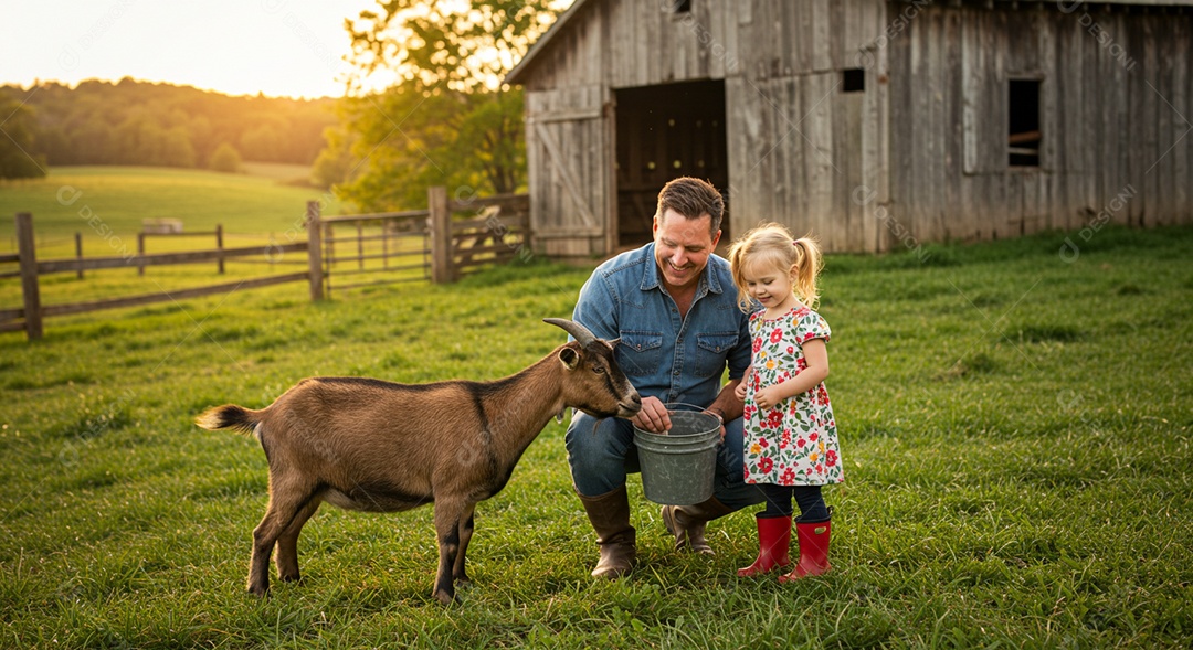 Lindo pai e filha alimentando um animal sob uma fazenda
