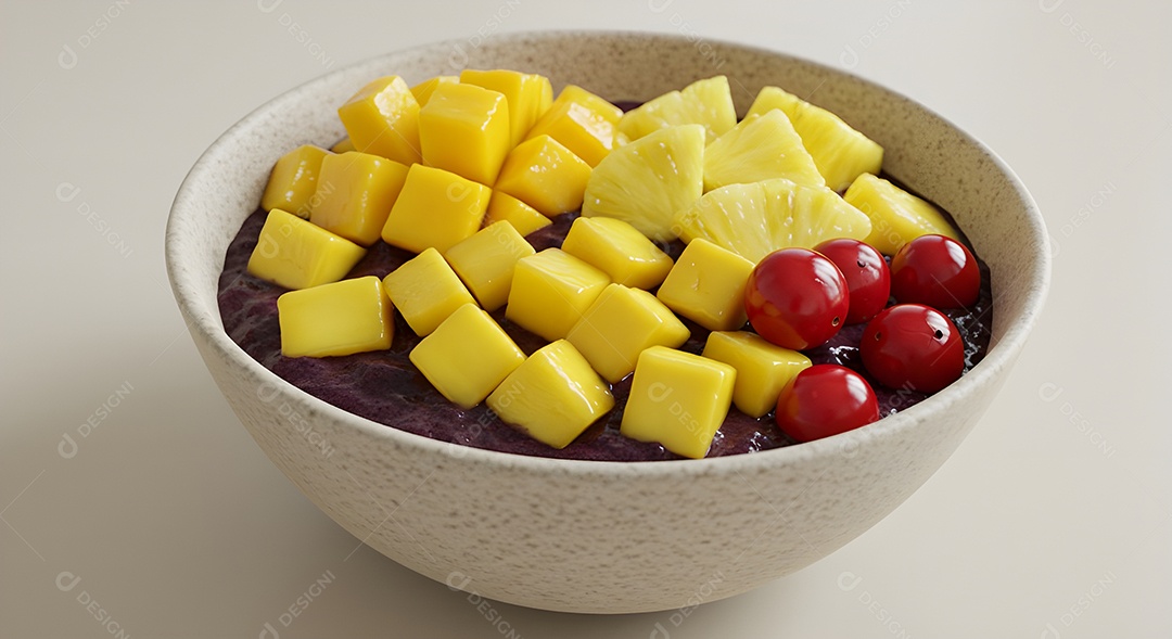 Tigela de açaí com frutas em uma mesa branca