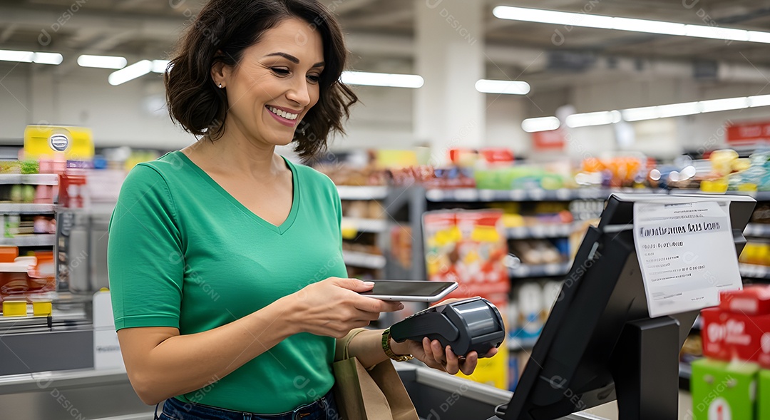 Mulher linda jovem sobre supermercado