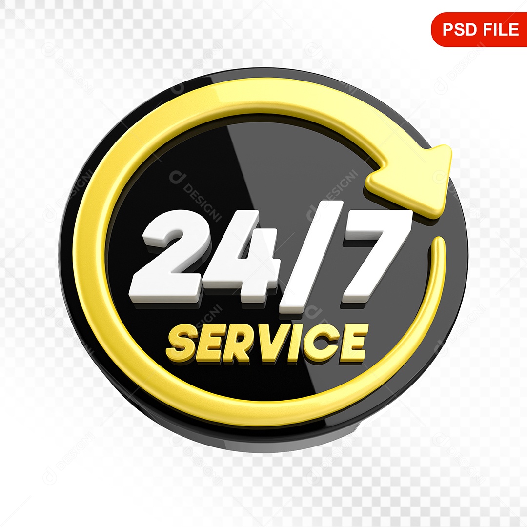 Elemento 3D Ícone Serviço 24 Horas 7 Dias Preto e Amarelo Para Composição PSD