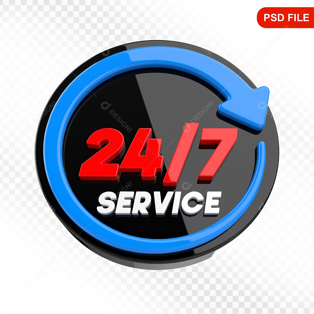 Elemento 3D Ícone Serviço 24 Horas 7 Dias Preto e Azul Para Composição PSD