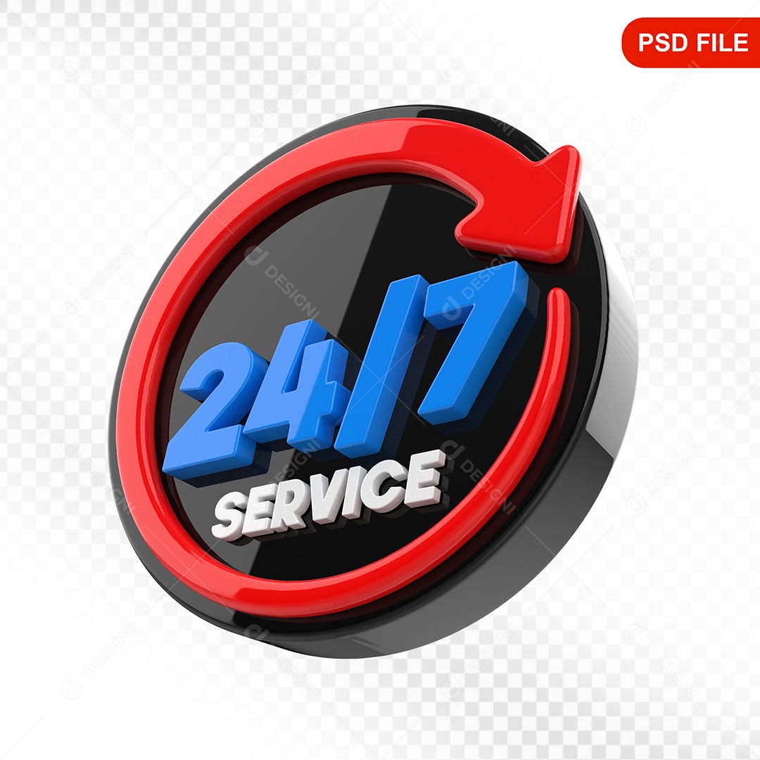 Elemento 3D Ícone Serviço 24 Horas 7 Dias Preto e Vermelho Para Composição PSD