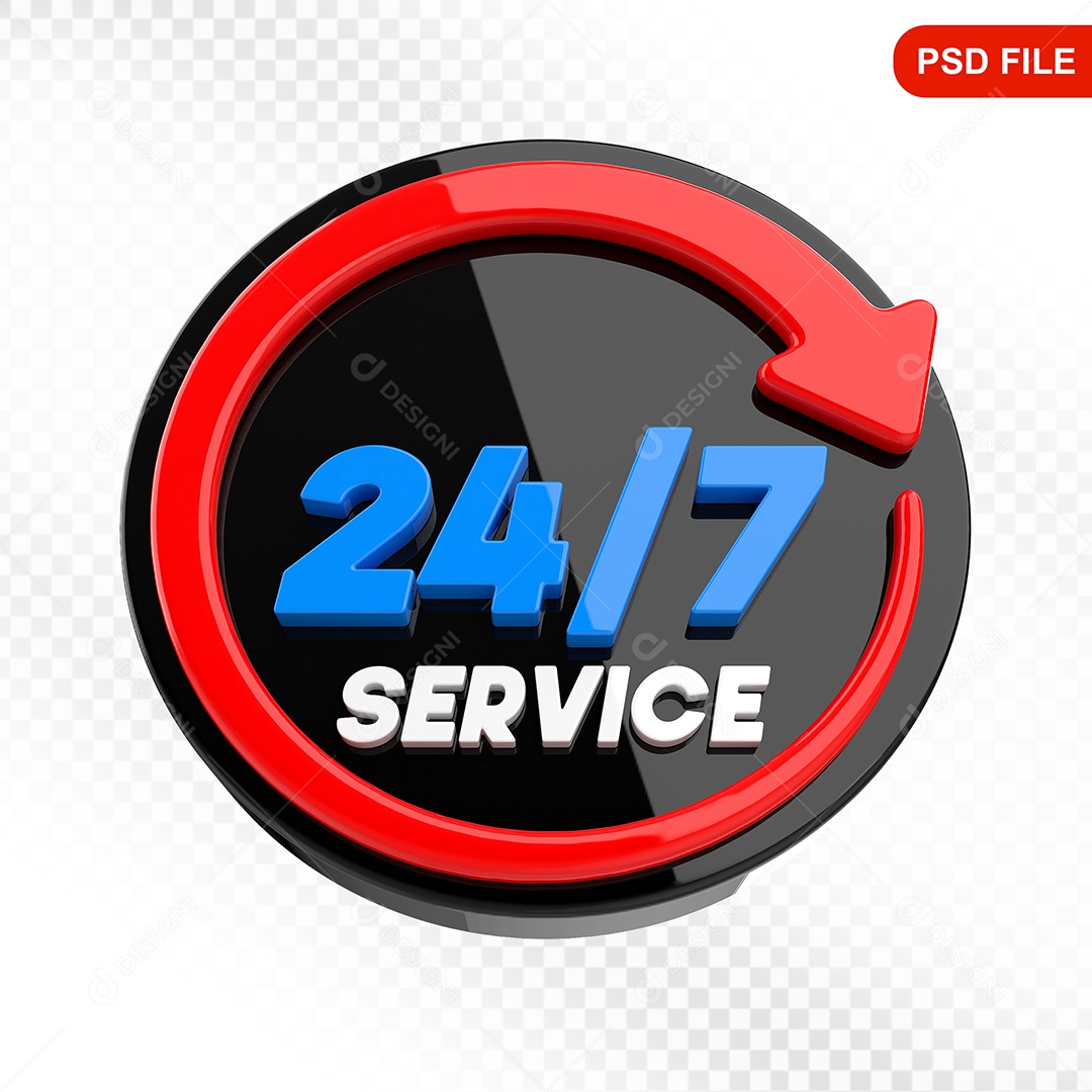 Elemento 3D Ícone Serviço 24 Horas 7 Dias Preto e Vermelho Para Composição PSD