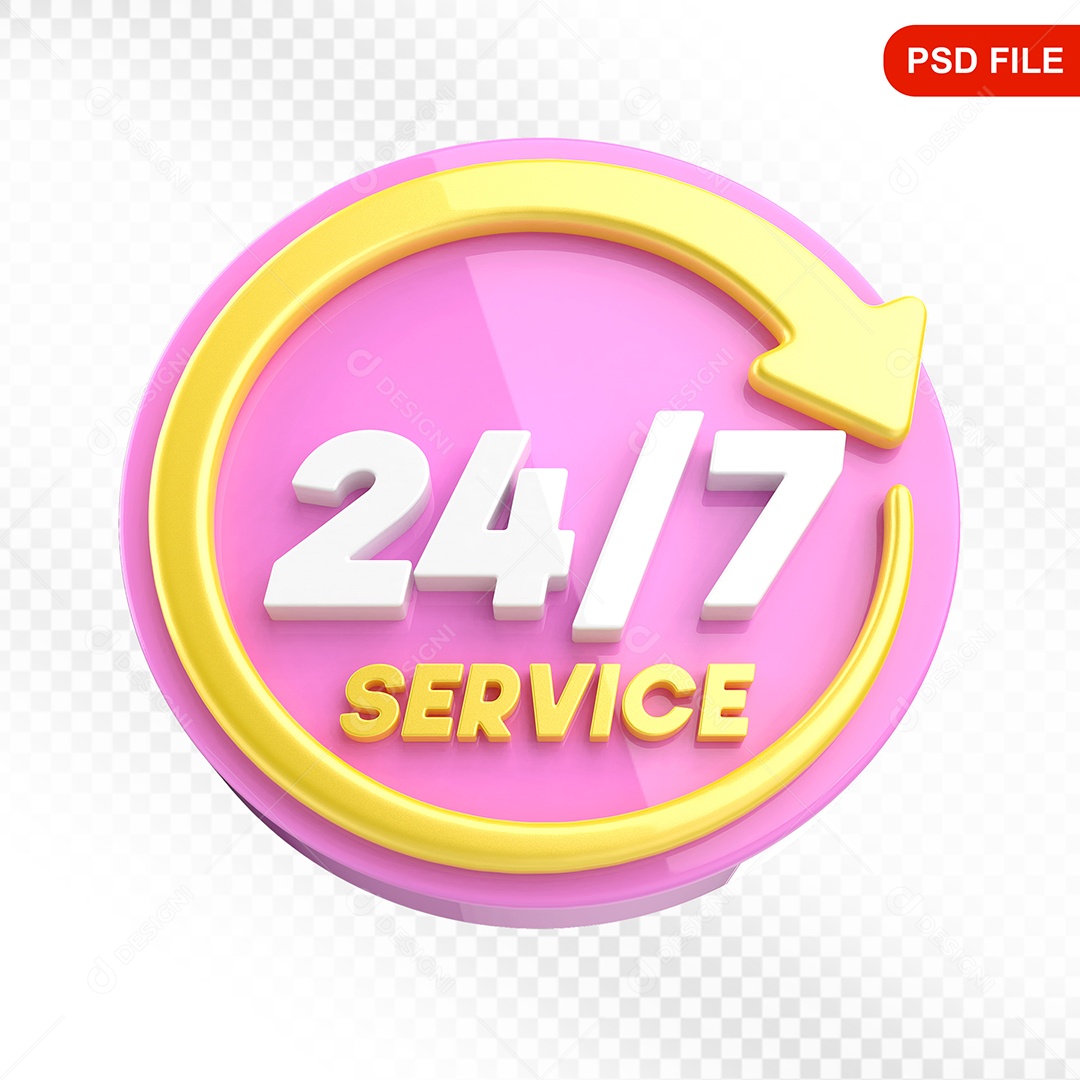Elemento 3D Ícone Serviço 24 Horas 7 Dias Rosa e Amarelo Para Composição PSD
