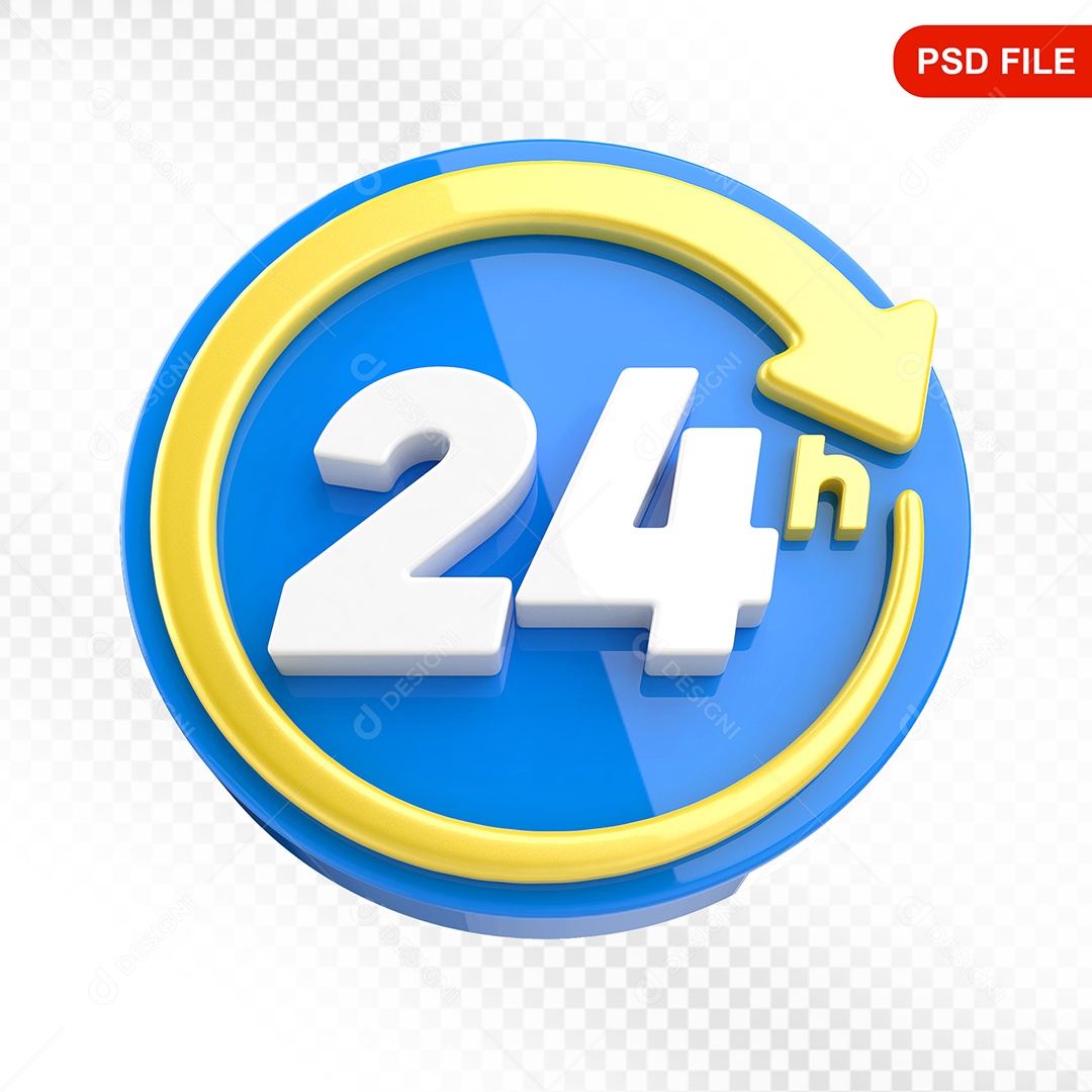 Elemento 3D Ícone 24 Horas Azul e Amarelo Para Composição PSD