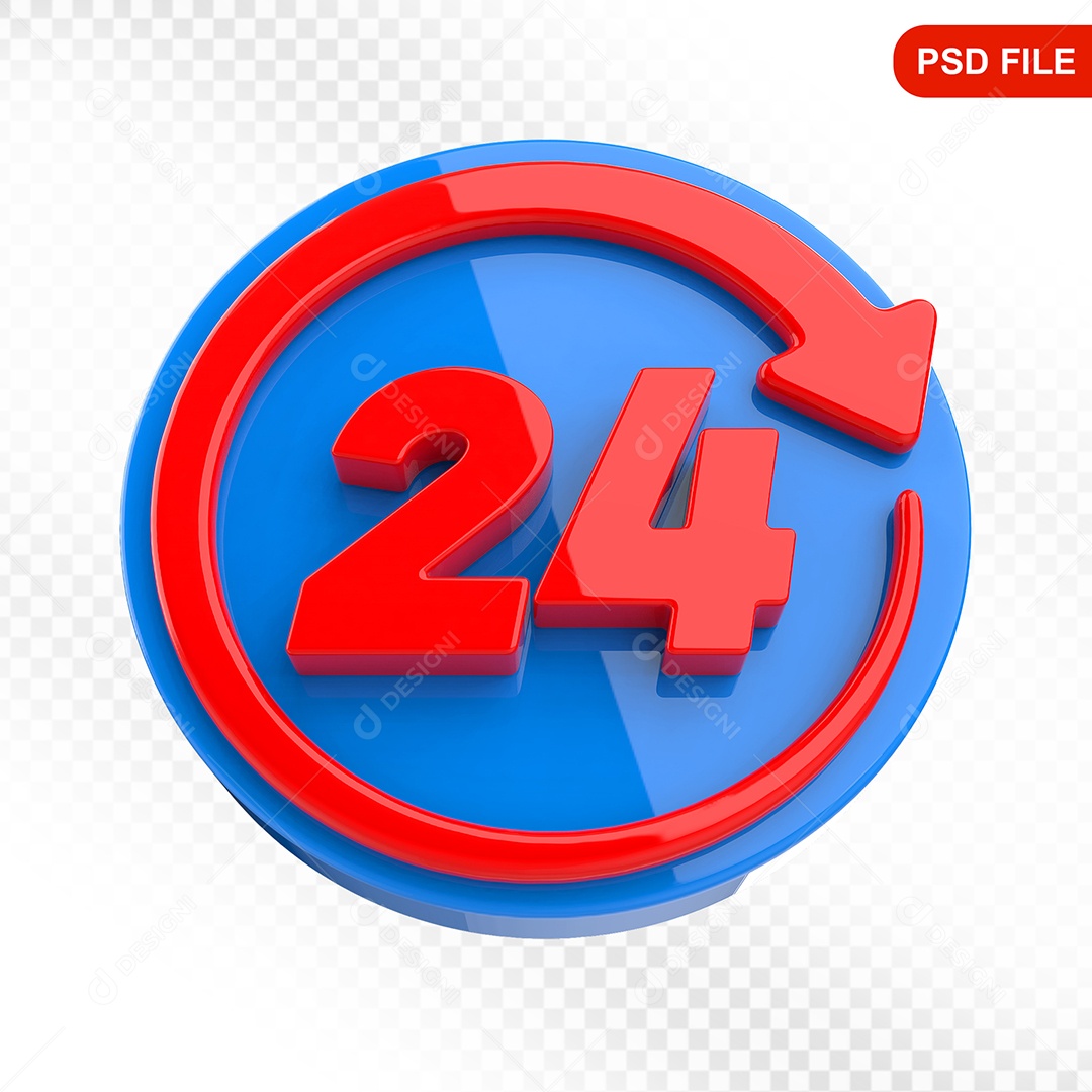 Elemento 3D Ícone 24 Horas Azul e Vermelho Para Composição PSD