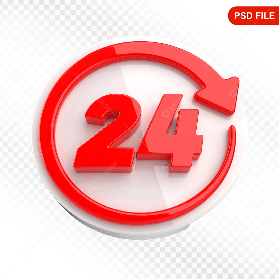 Elemento 3D Ícone 24 Horas Branco e Vermelho Para Composição PSD