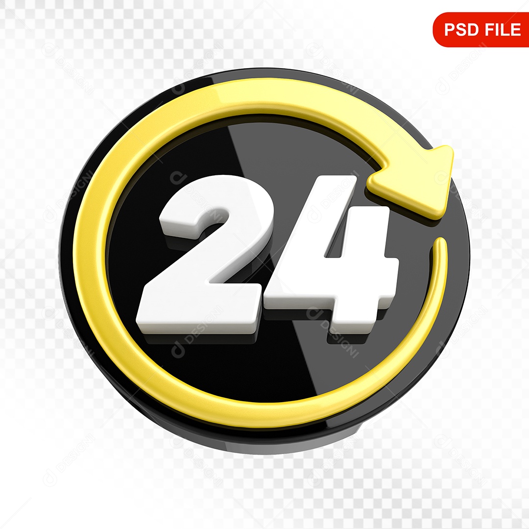 Elemento 3D Ícone 24 Horas Preto e Amarelo Para Composição PSD