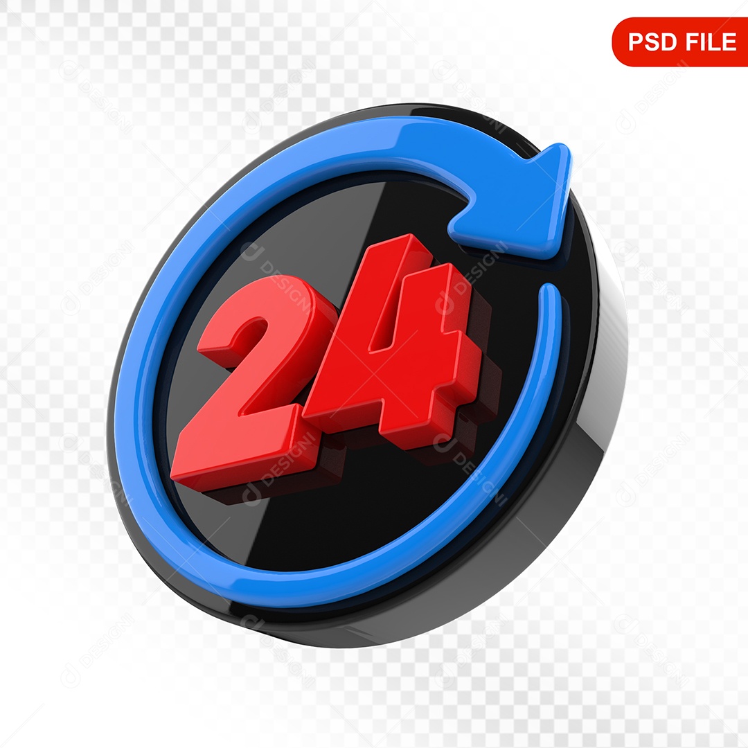 Elemento 3D Ícone 24 Horas Preto e Azul Para Composição PSD