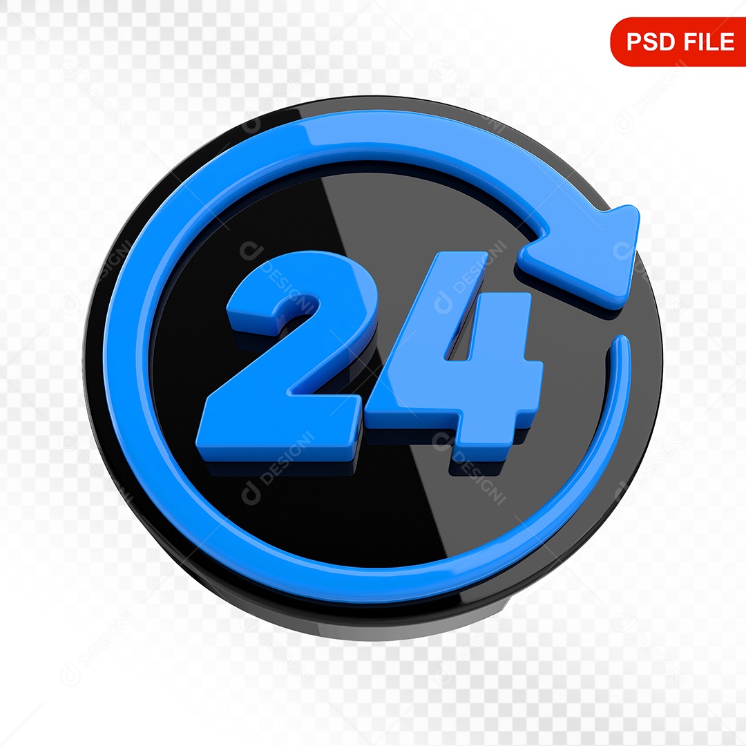 Elemento 3D Ícone 24 Horas Preto e Azul Para Composição PSD