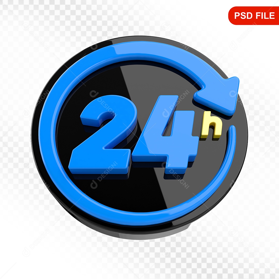 Elemento 3D Ícone 24 Horas Preto e Azul Para Composição PSD