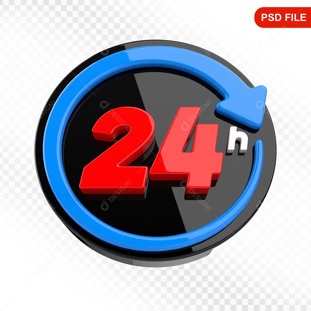 Elemento 3D Ícone 24 Horas Preto e Azul Para Composição PSD
