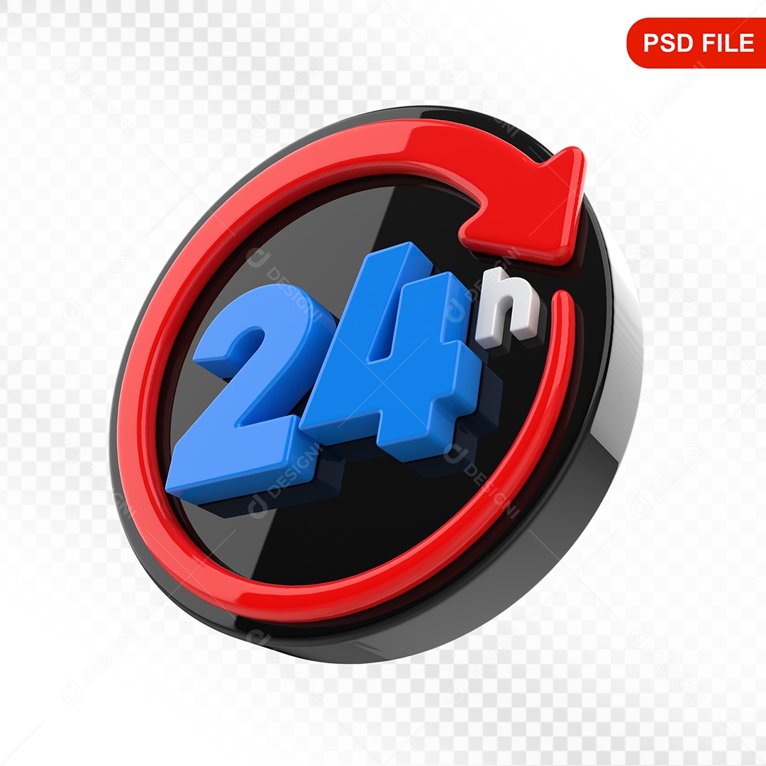 Elemento 3D Ícone 24 Horas Preto e Vermelho Para Composição PSD