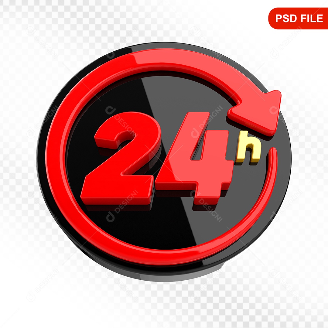 Elemento 3D Ícone 24 Horas Preto e Vermelho Para Composição PSD