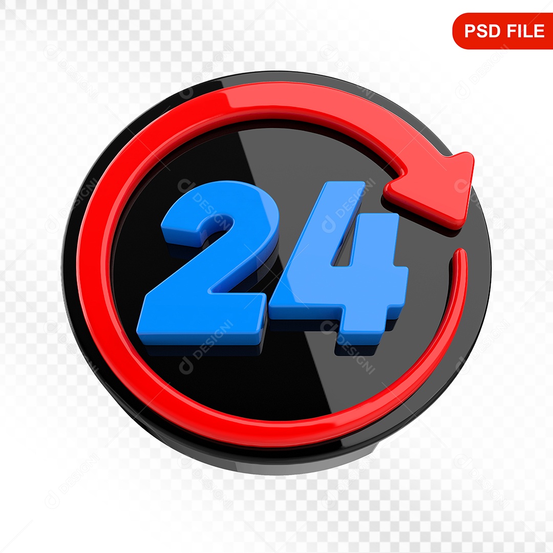 Elemento 3D Ícone 24 Horas Preto e Vermelho Para Composição PSD