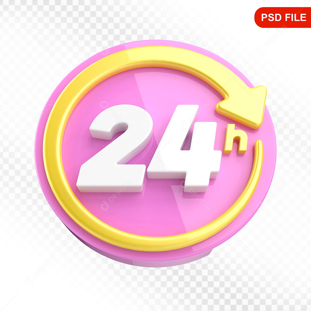 Elemento 3D Ícone 24 Horas Rosa e Amarelo Para Composição PSD