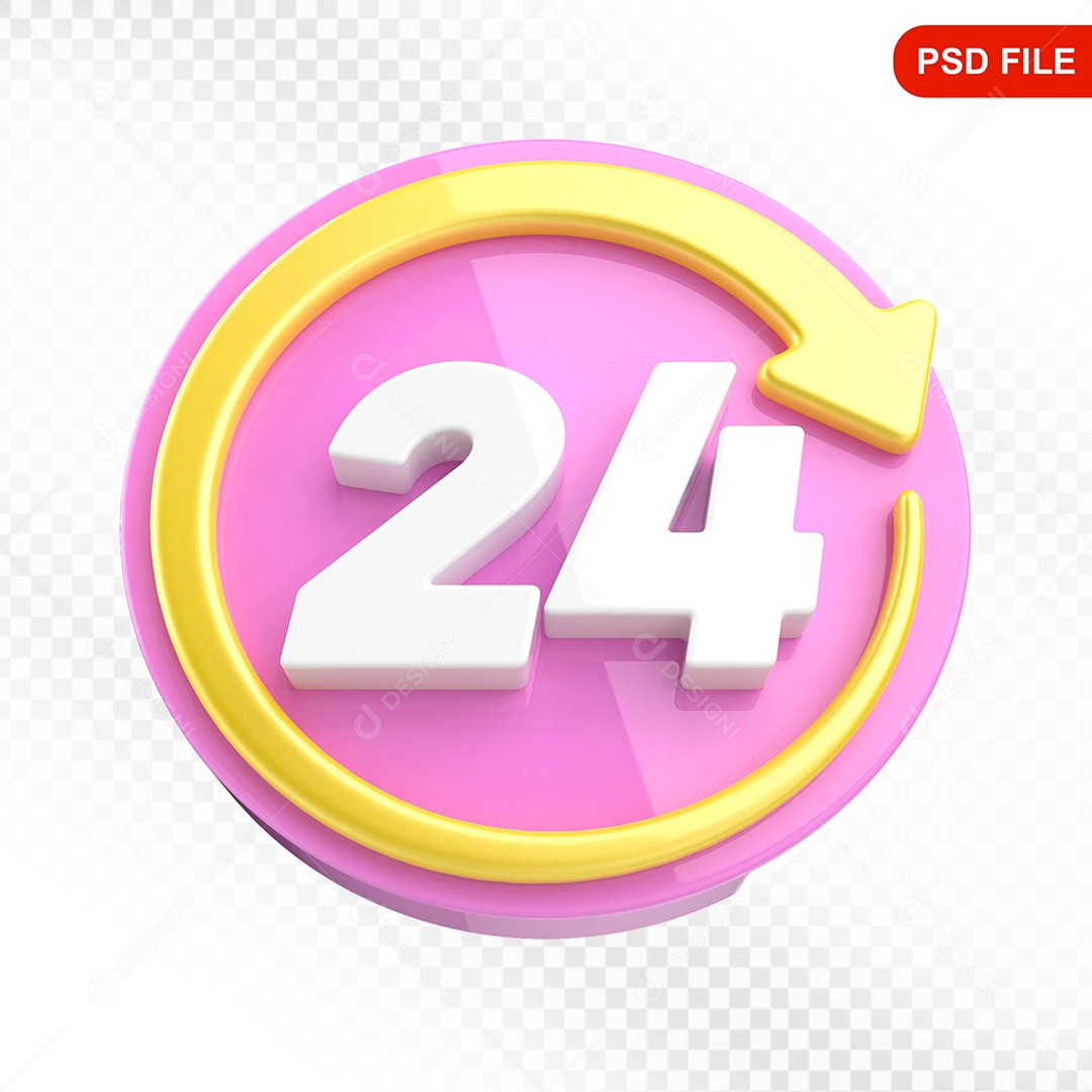 Elemento 3D Ícone 24 Horas Rosa e Amarelo Para Composição PSD