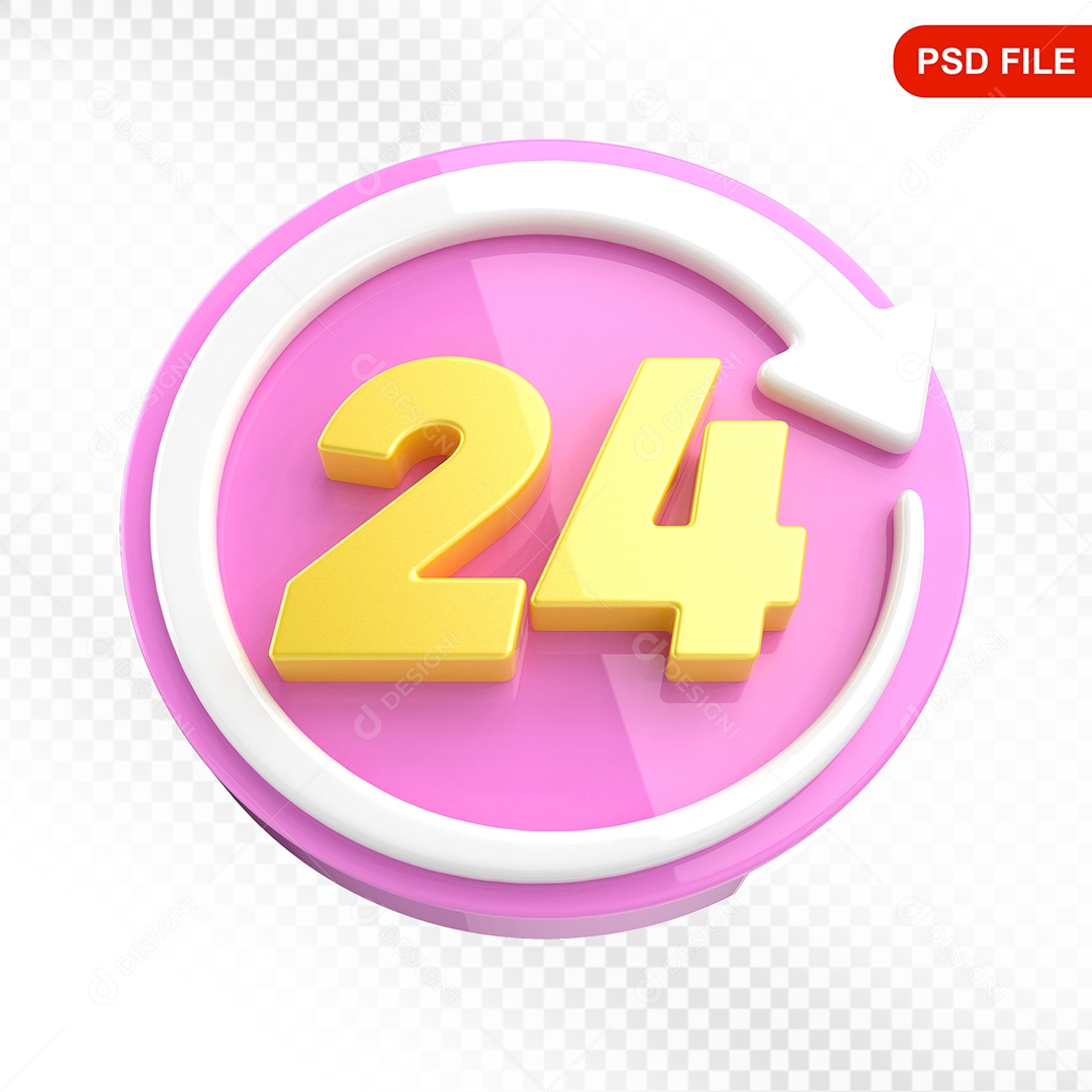 Elemento 3D Ícone 24 Horas Rosa e Branco Para Composição PSD