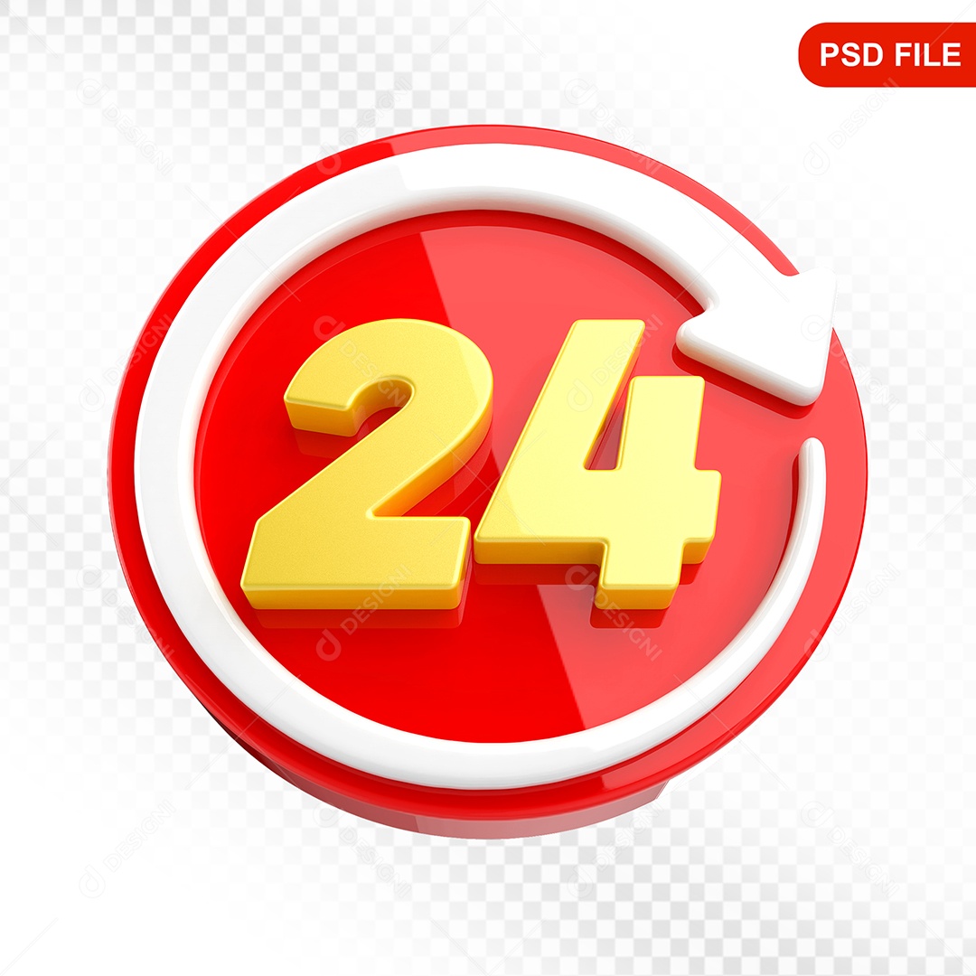 Elemento 3D Ícone 24 Horas Vermelho e Branco Para Composição PSD