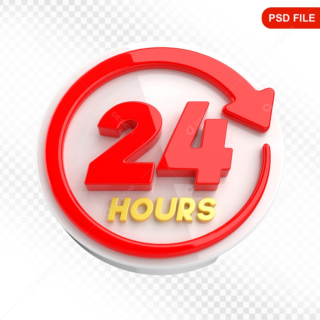 Elemento 3D Ícone 24 Horas Branco e Vermelho Para Composição PSD