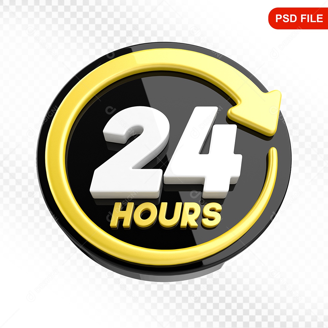 Elemento 3D Ícone 24 Horas Preto e Amarelo Para Composição PSD