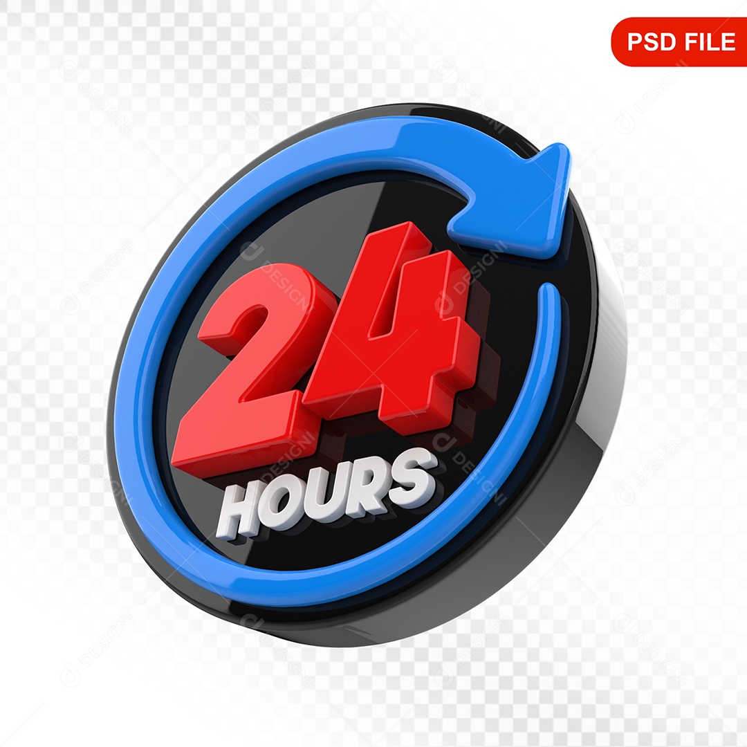 Elemento 3D Ícone 24 Horas Preto e Azul Para Composição PSD