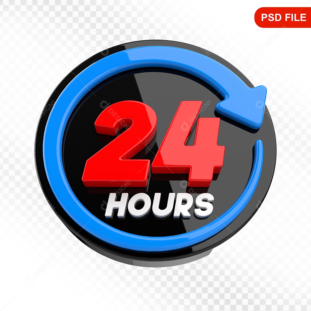 Elemento 3D Ícone 24 Horas Preto e Azul Para Composição PSD