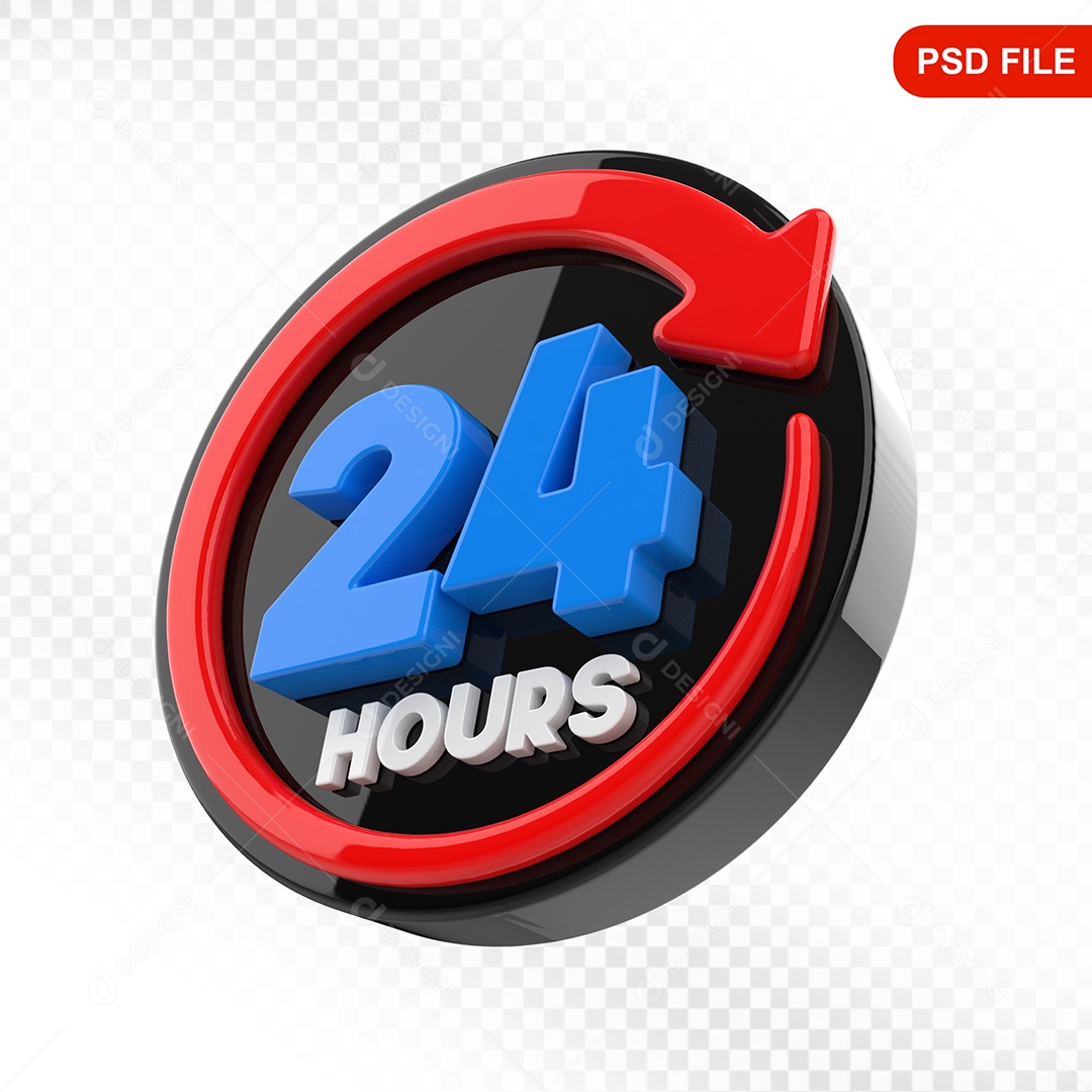 Elemento 3D Ícone 24 Horas Preto e Vermelho Para Composição PSD
