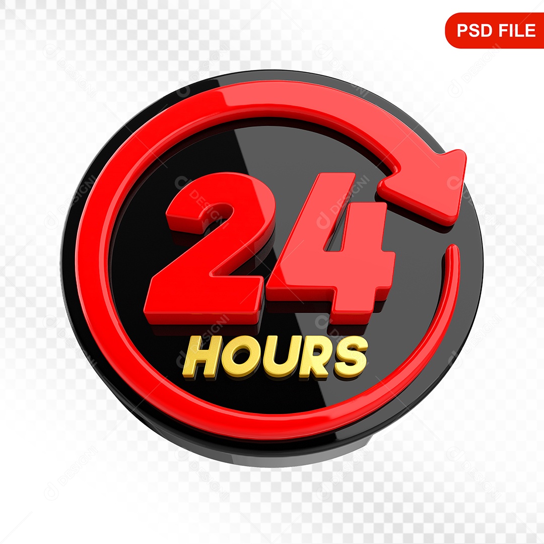 Elemento 3D Ícone 24 Horas Preto e Vermelho Para Composição PSD