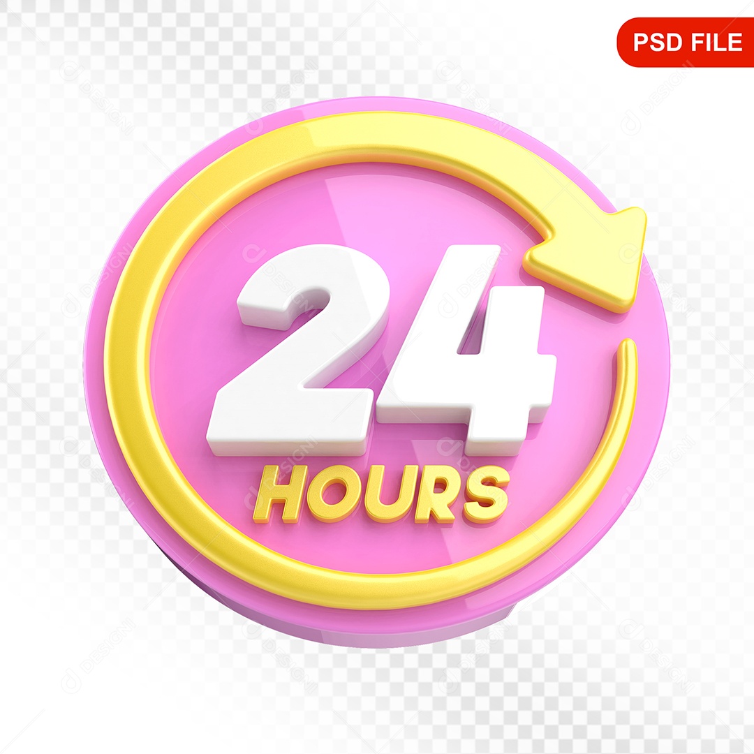 Elemento 3D Ícone 24 Horas Rosa e Amarelo Para Composição PSD