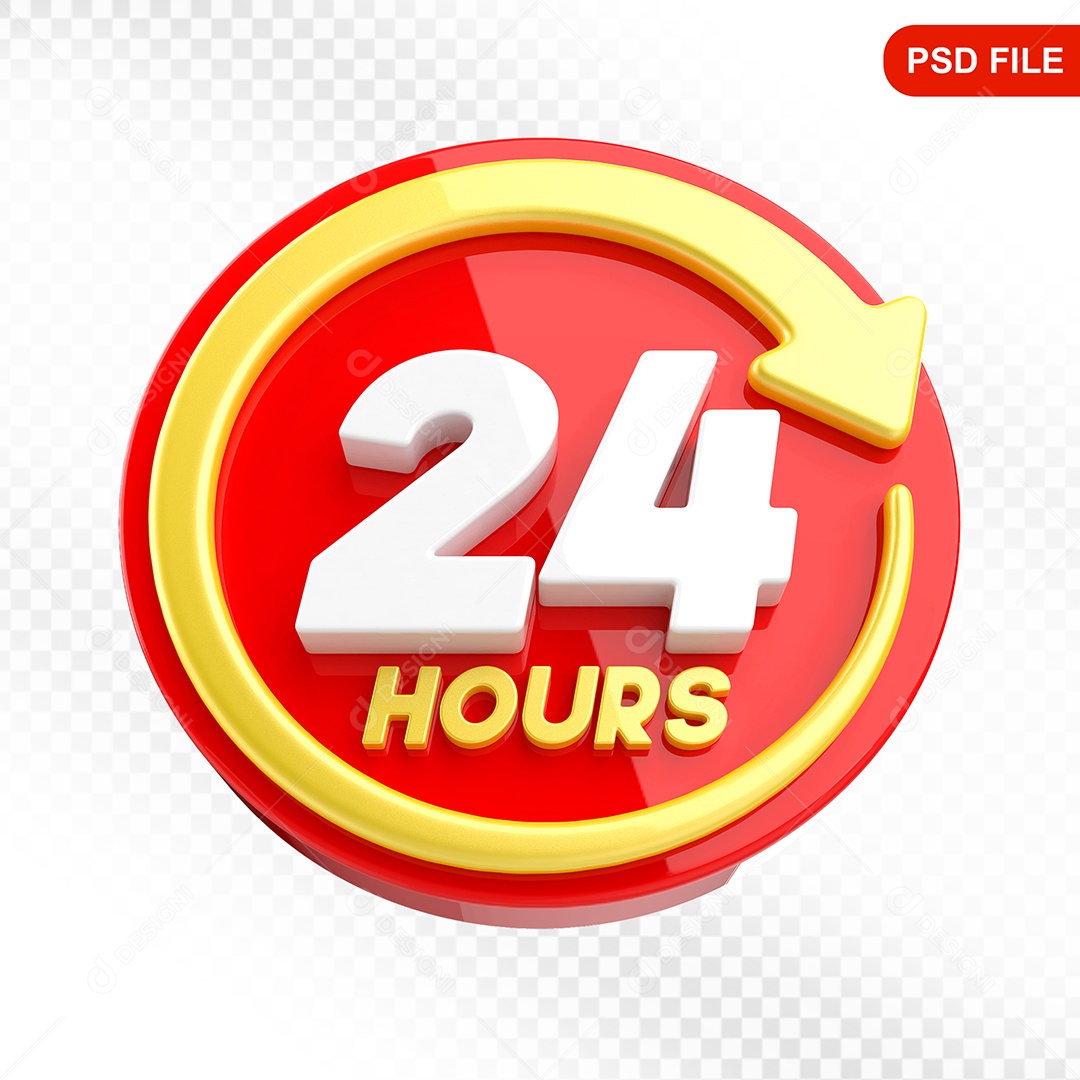 Elemento 3D Ícone 24 Horas Vermelho e Amarelo Para Composição PSD