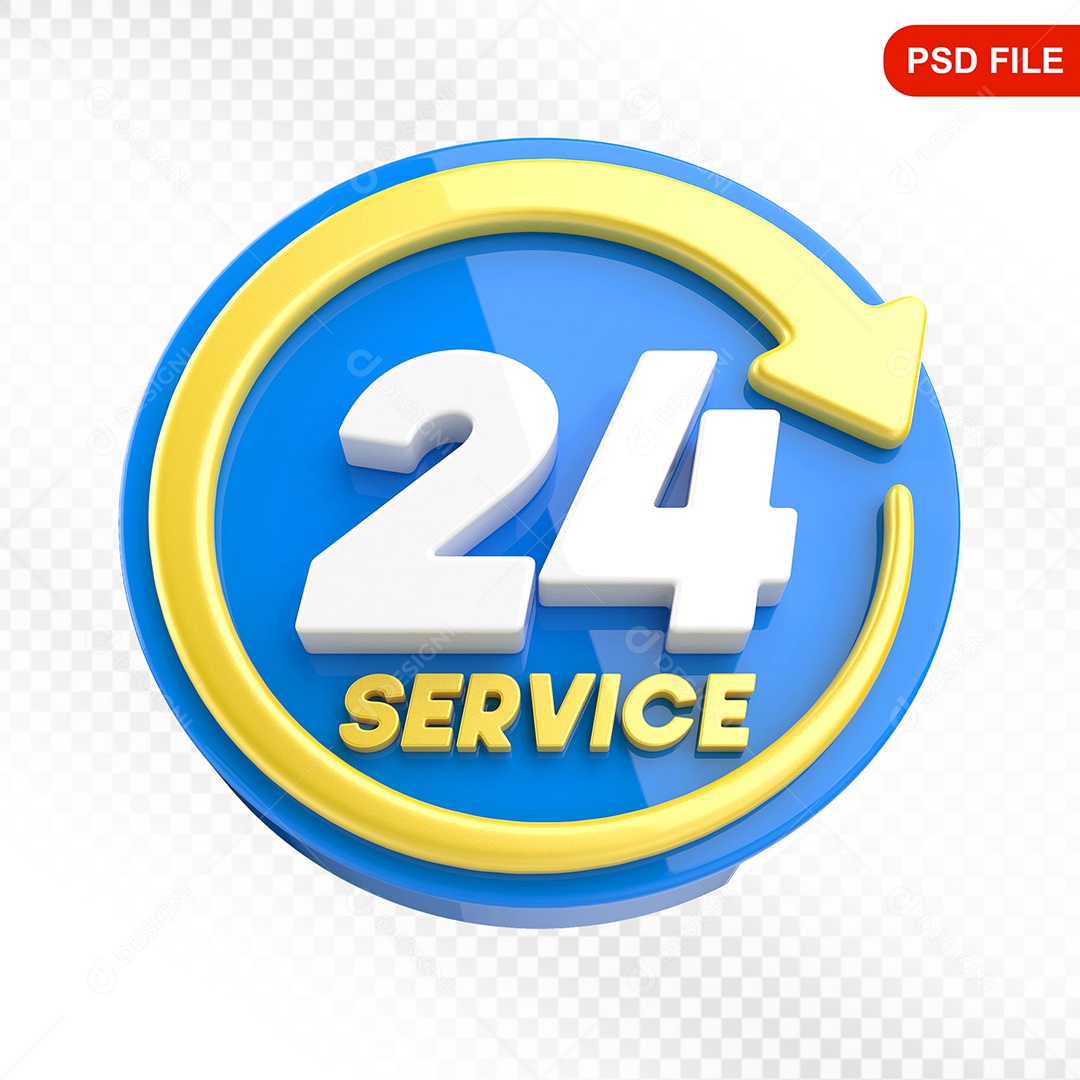 Elemento 3D Ícone Serviço 24 Horas Azul e Amarelo Para Composição PSD