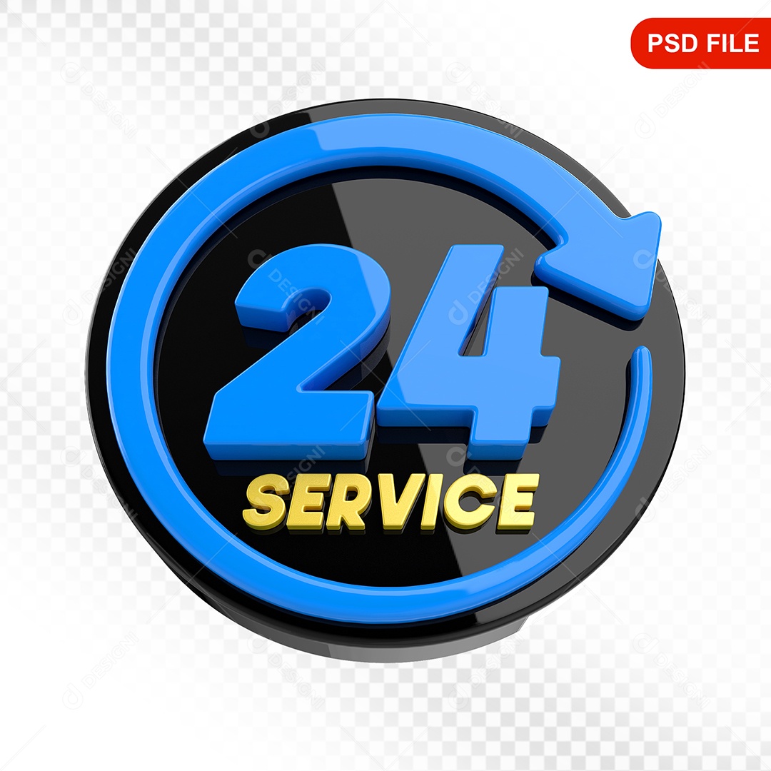 Elemento 3D Ícone Serviço 24 Horas Preto e Azul Para Composição PSD