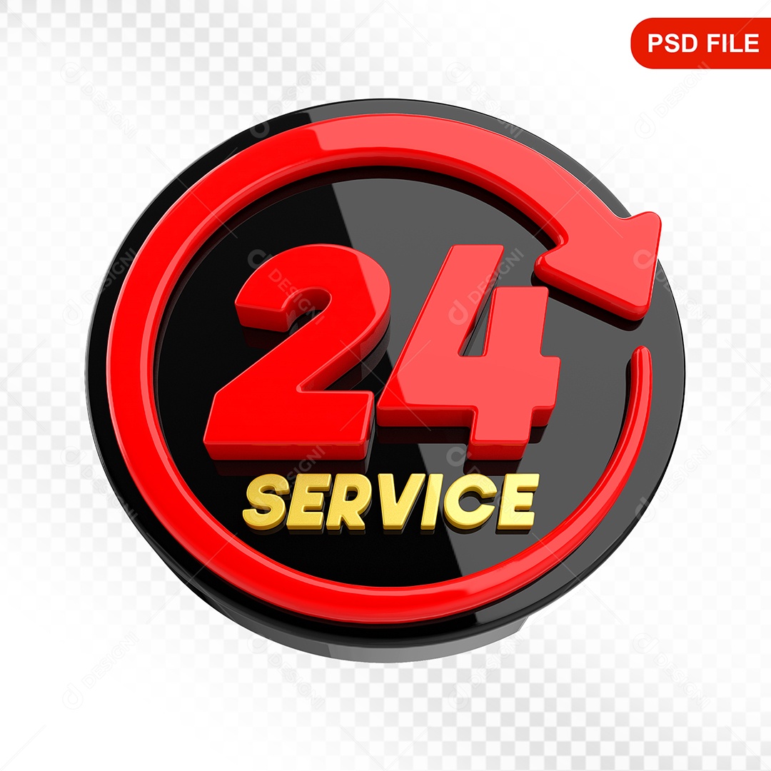 Elemento 3D Ícone Serviço 24 Horas Preto e Vermelho Para Composição PSD