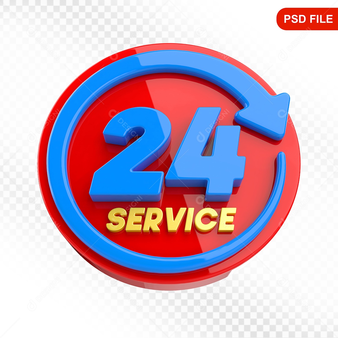 Elemento 3D Ícone Serviço 24 Horas Vermelho e Azul Para Composição PSD
