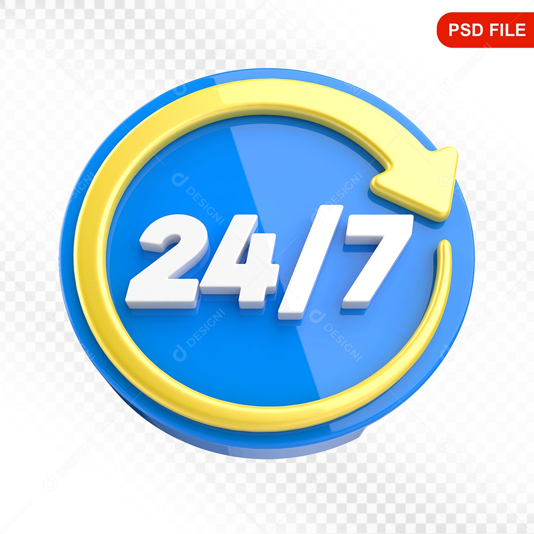 Elemento 3D Ícone 24 Horas 7 Dias Azul e Amarelo Para Composição PSD