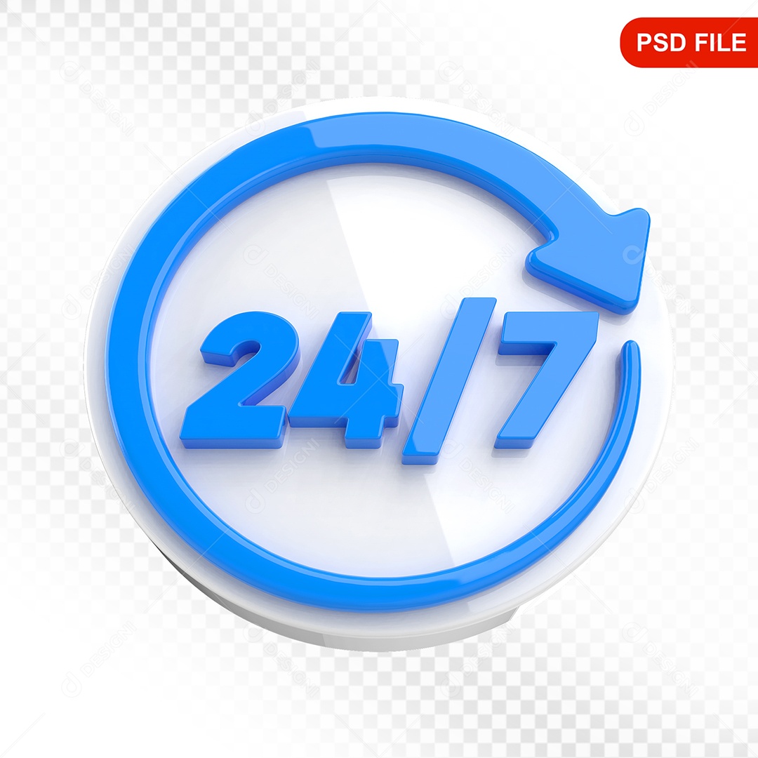Elemento 3D Ícone 24 Horas 7 Dias Branco e Azul Para Composição PSD