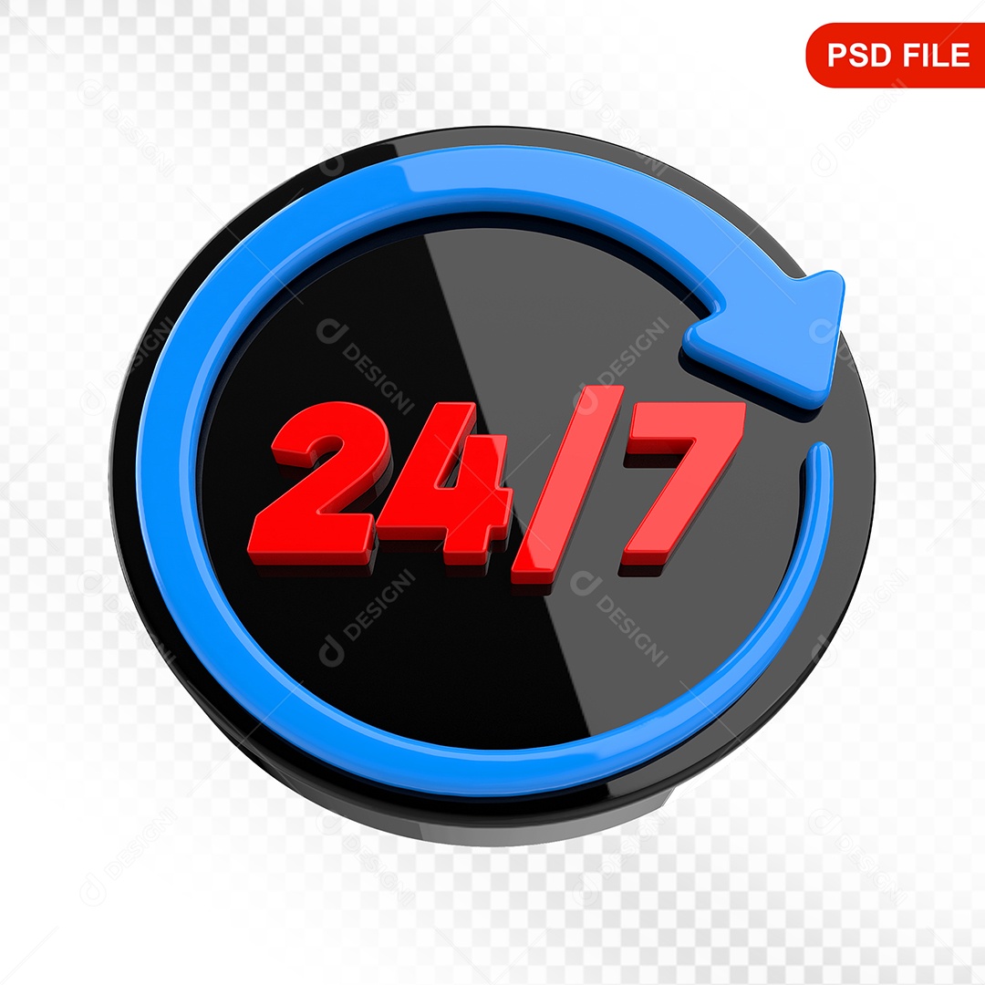 Elemento 3D Ícone 24 Horas 7 Dias Preto e Azul Para Composição PSD