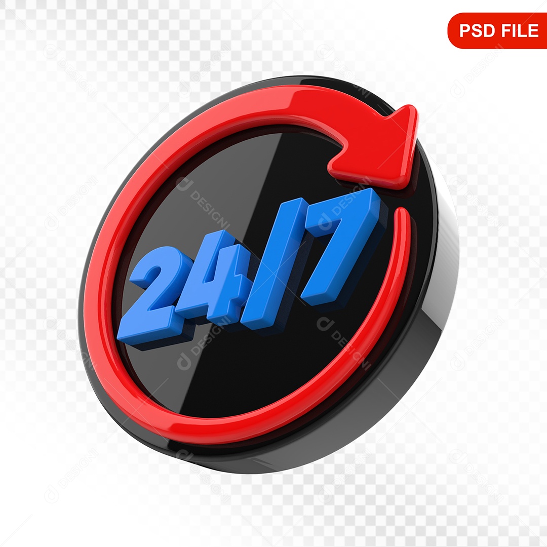 Elemento 3D Ícone 24 Horas 7 Dias Preto e Vermelho Para Composição PSD