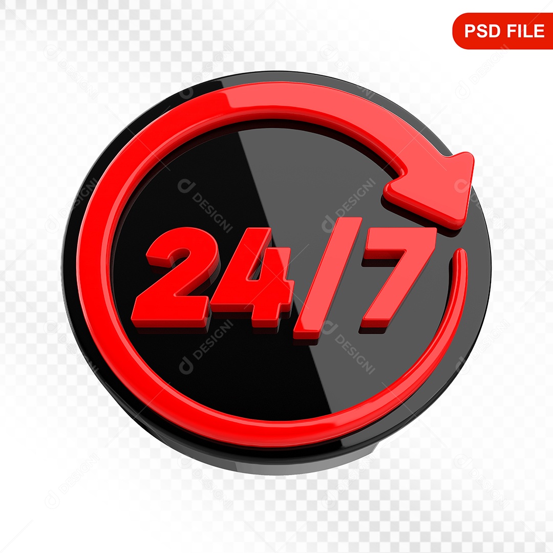 Elemento 3D Ícone 24 Horas 7 Dias Preto e Vermelho Para Composição PSD