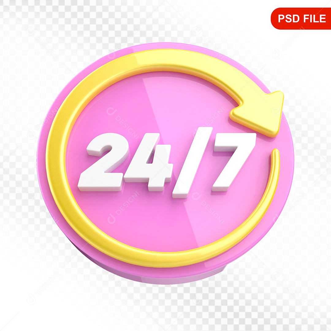 Elemento 3D Ícone 24 Horas 7 Dias Rosa e Amarelo Para Composição PSD