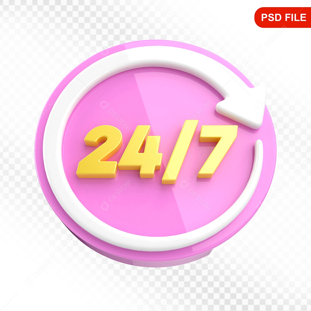 Elemento 3D Ícone 24 Horas 7 Dias Rosa e Branco Para Composição PSD