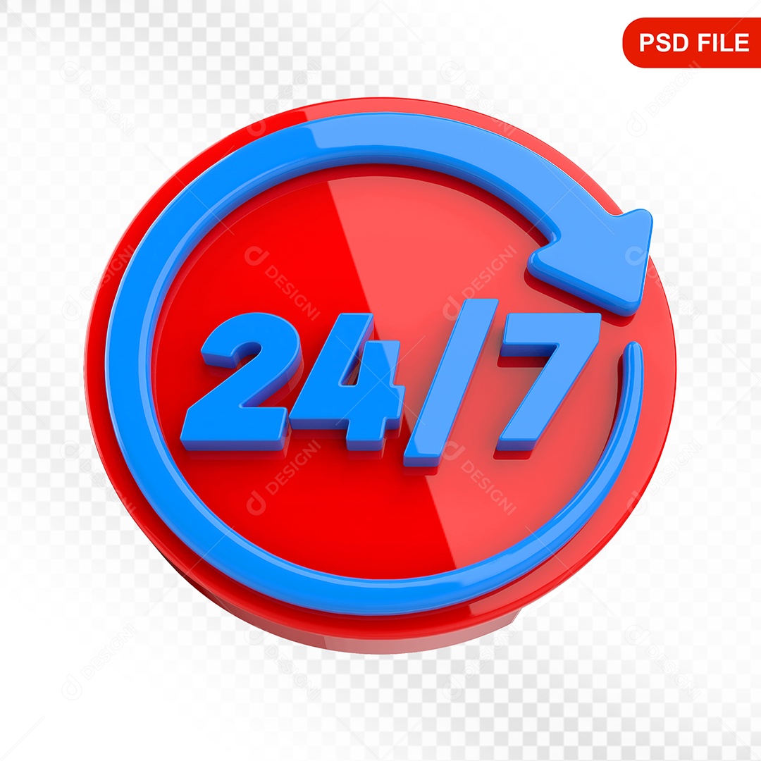 Elemento 3D Ícone 24 Horas 7 Dias Vermelho e Azul Para Composição PSD