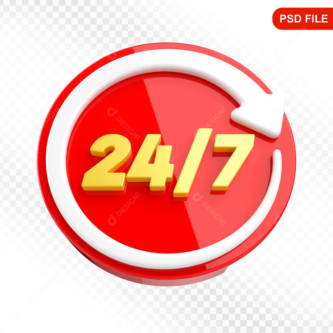 Elemento 3D Ícone 24 Horas 7 Dias Vermelho e Branco Para Composição PSD