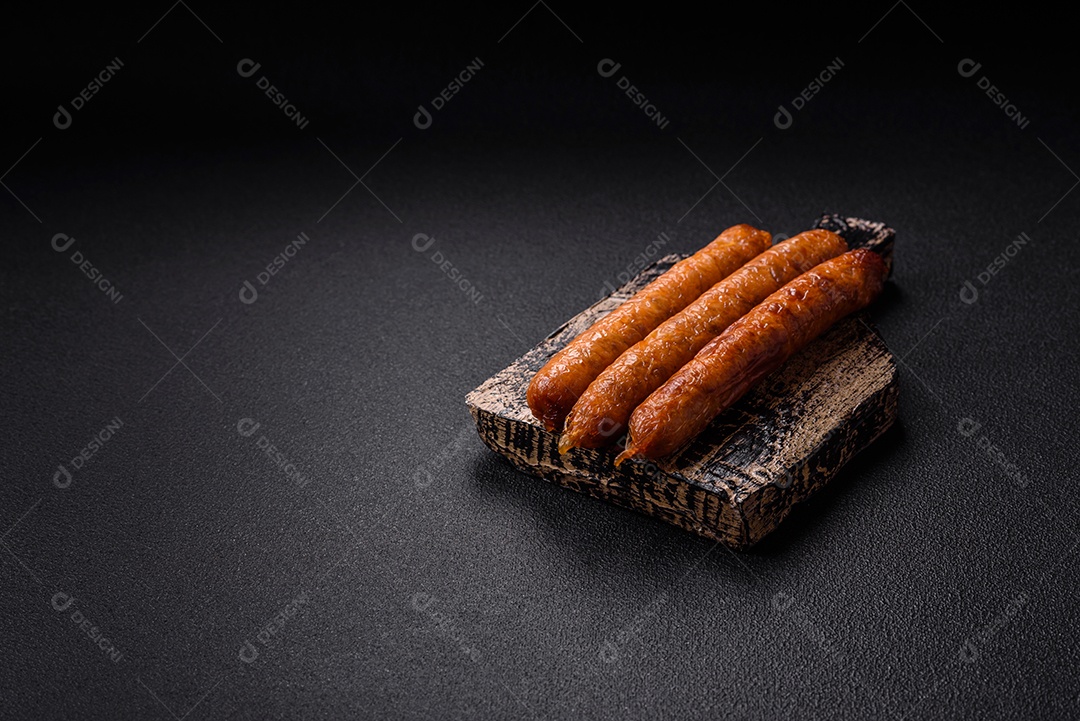 Linguiça frita saborosa em uma mesa de concreto